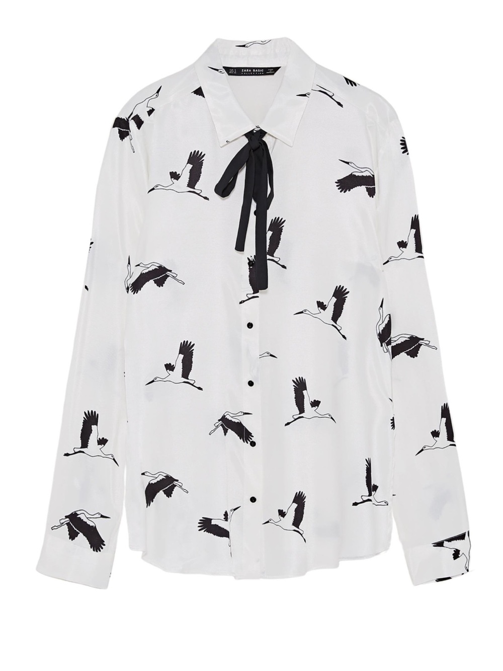 Zara White Shirt with Black Crane Print and Neck Tie